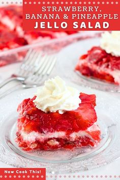 strawberry banana and pineapple jello salad on a glass plate with a fork next to it