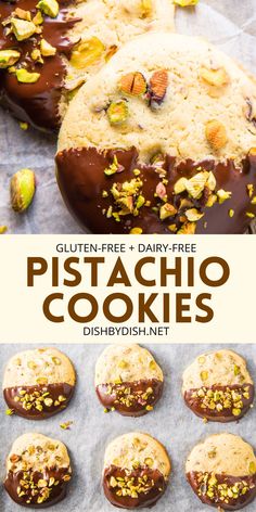 Collage of images of chocolate-dipped pistachio cookies Gluten Free Pistachio, Pistachio Shortbread Cookies, Gluten Free Cookies Easy, Pistachio Shortbread, Cookie Recipe Video, Pistachio Cookies, Cookie Recipes Unique