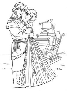 frozen princess and prince hugging in front of a boat on the beach with their arms around each other