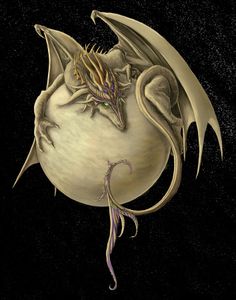 a drawing of a dragon sitting on top of a white ball with its wings spread