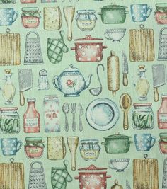 an image of kitchen utensils and cooking implements on a green background with watercolors