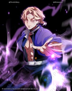 an anime character with blonde hair and blue eyes, wearing a purple shirt and tie