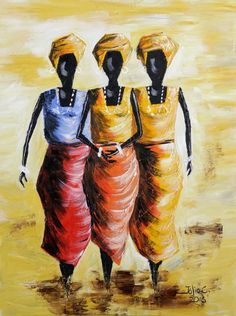 three african women walking down the street in their colorful dresses and headgear, with yellow background