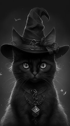 a black cat wearing a witches hat