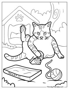 a coloring page with a cat playing with a ball