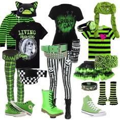 Neon Emo Outfits, Scene Clothing Style, Scene Emo Clothes, Emo Outfits Men 2000, Early 2000s Scene Fashion, Scene Kid Outfits 2000s, Green Scene Outfit, Scene Clothes 2000s, Scenemo Clothes