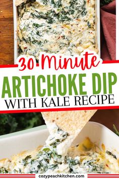 an artichoke dip with kale and cheese in a white casserole dish