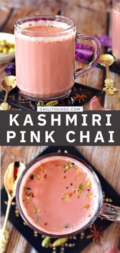 two mugs filled with pink chai sitting on top of a table next to each other