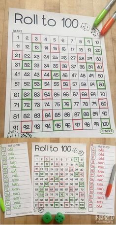 the roll to 100 game is shown with markers and pencils on top of it