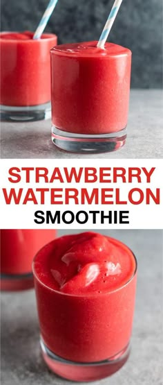 strawberry watermelon smoothie with two straws in it and the title overlay reads, strawberry watermelon smoothie