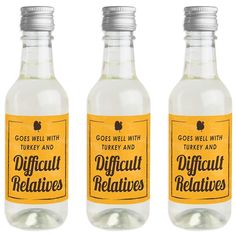 three bottles of different types of alcohol on a white background with the words difficult relatives printed on them