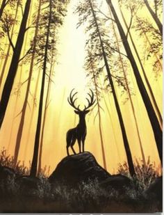 a painting of a deer standing on top of a rock in the woods at sunset