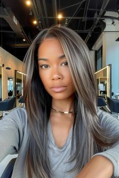 Blending Brunette And Gray, Grey Hair In Front Dark In Back, Silver Roots Dark Ends, Blend In Grey Hair Dark Brown, Dark Brown Grey Blending, Highlights To Cover Grey Hair Dark Brown, Grey Coverage Hair Dark Brown, Dark Hair Platinum Highlights, Dark Brown Hair With Grey