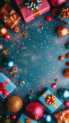 christmas presents and confetti on a blue background