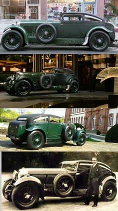 an old car is parked in front of a building and another photo shows it's side by side