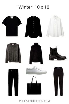 Winter Pieces Outfit, 10 Item Wardrobe Winter, 10 Days Winter Travel Outfit, 7 X 7 Challenge Wardrobe, 10x10 Wardrobe Challenge, 10 X 10 Capsule Wardrobe, 10x10 Capsule Wardrobe, Black And White Wardrobe, All Black Winter Outfit