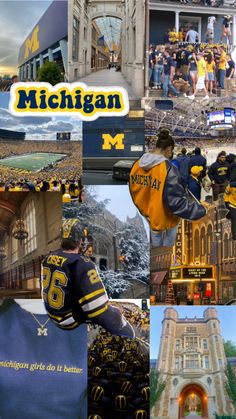 michigan collage with images of people and buildings