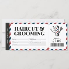 an airmail ticket with the word haircut and grooming on it