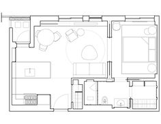 the floor plan for an apartment with two beds and one living room, including a kitchen