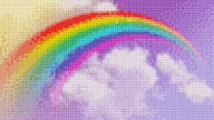 a cross stitch pattern with a rainbow in the sky and clouds on it's side