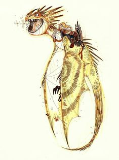 a drawing of a yellow dragon with black wings and horns on it's back