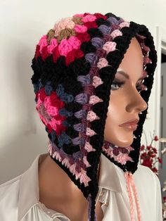 This is beautiful handmade Granny Square Hat Girls crochet hoodie/wrap , headdress, wrap is in Modern accent has my handmade design is in version of my collection fabulous 20's style hats and accessory heirloom "Ludascrafts"LudasHatBoutique". Ladies wrap for any occasions,daytime, church. You can wear it many different ways with any dress and will look great costume outfits Era. Hat made from mix acrylic, polyester , mix mostly mix tones, 2 play. Measurement: Inside: up to 24"++. Mannequin's hea Granny Square Hats, Square Hats, Crochet Loom, Square Hat, Granny Square Hat, Deep Style, Crochet Hoodie, Flapper Hat, Butter Rice