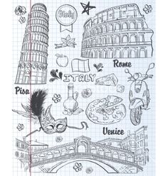 a notebook with some drawings on it and the words italy written in black ink next to them