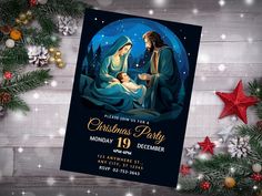 a christmas party flyer with a nativity scene