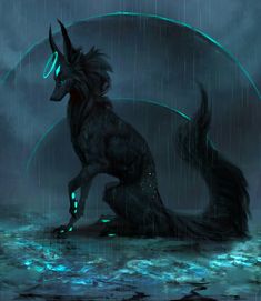 a black horse standing on its hind legs in the water with green lights around it