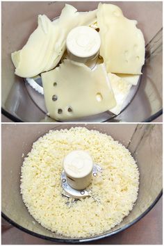 two pictures showing how to make cheese in a food processor