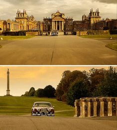 an old car is parked in front of a large building and the same photo has been altered