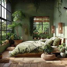 a bedroom with green walls and plants in the window sill, along with a bed