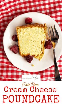 a piece of cream cheese pound cake on a plate with raspberries