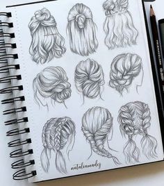 an open notebook with drawings of different hairs and buns on it, next to a pencil