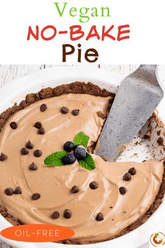 a no - bake pie with chocolate chips and mint leaves