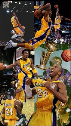 collage of basketball players in yellow uniforms with the number 24 on their uniform and one player jumping up into the air