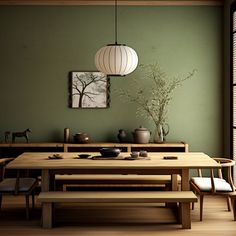 a dining room with green walls and wooden tables, chairs and vases on the table