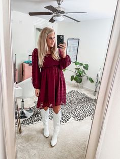 Favorite fall red dress Burgundy Short Dress Boots, White Dress Red Boots, Dresses With White Boots, White Dresss White Boots Fall, Red Mini Dress With Cowboy Boots, Dress With Short Boots, Christmas Sweater Dress White, Cranberry Dress