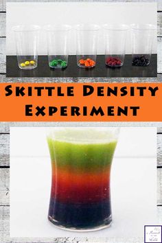 a glass filled with different colored liquid next to an orange and black sign that says skittle density experiment