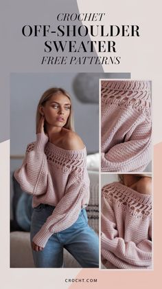 the crochet off - shoulder sweater is shown in three different photos, and it has