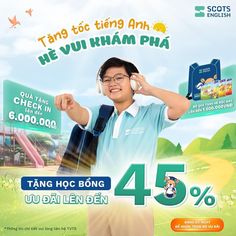 an advertisement with a young man wearing headphones and holding his hands up in the air