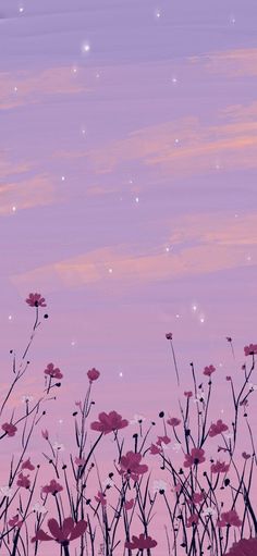 pink flowers are in the foreground with purple sky and stars in the back ground