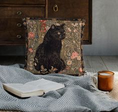 a black cat sitting on top of a pillow next to a book