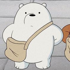 a white bear holding a brown bag on top of it's back and standing next to another bear