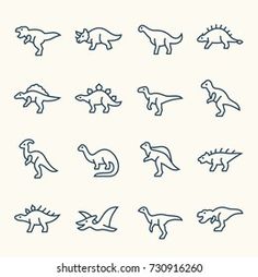 a set of different types of dinosaurs in line art style on white paper background