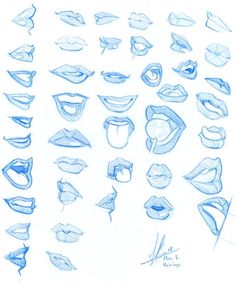 a bunch of different types of lips drawn in blue pencil on white paper with the words,