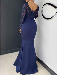 Mermaid / Trumpet Mother of the Bride Dress Wedding Guest Elegant Sexy V Neck Floor Length Lace Stretch Chiffon Long Sleeve with Bow(s) Appliques Fall Formal Dress Long Classy, Navy Blue Formal Dress Long, Dress Long Classy, Blue Formal Dress Long, Long Sleeve Lace Evening Dress, Prom Dress Navy Blue, Prom Dress Navy, Navy Blue Formal Dress, Formal Dress Long