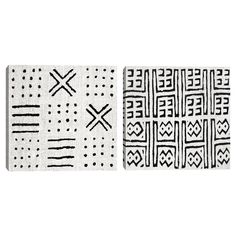 two black and white rugs with designs on them