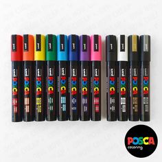 eight different colored pens lined up in a row on a white background with the word poca