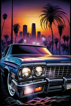 an old car is parked in front of palm trees and the city skyline at sunset